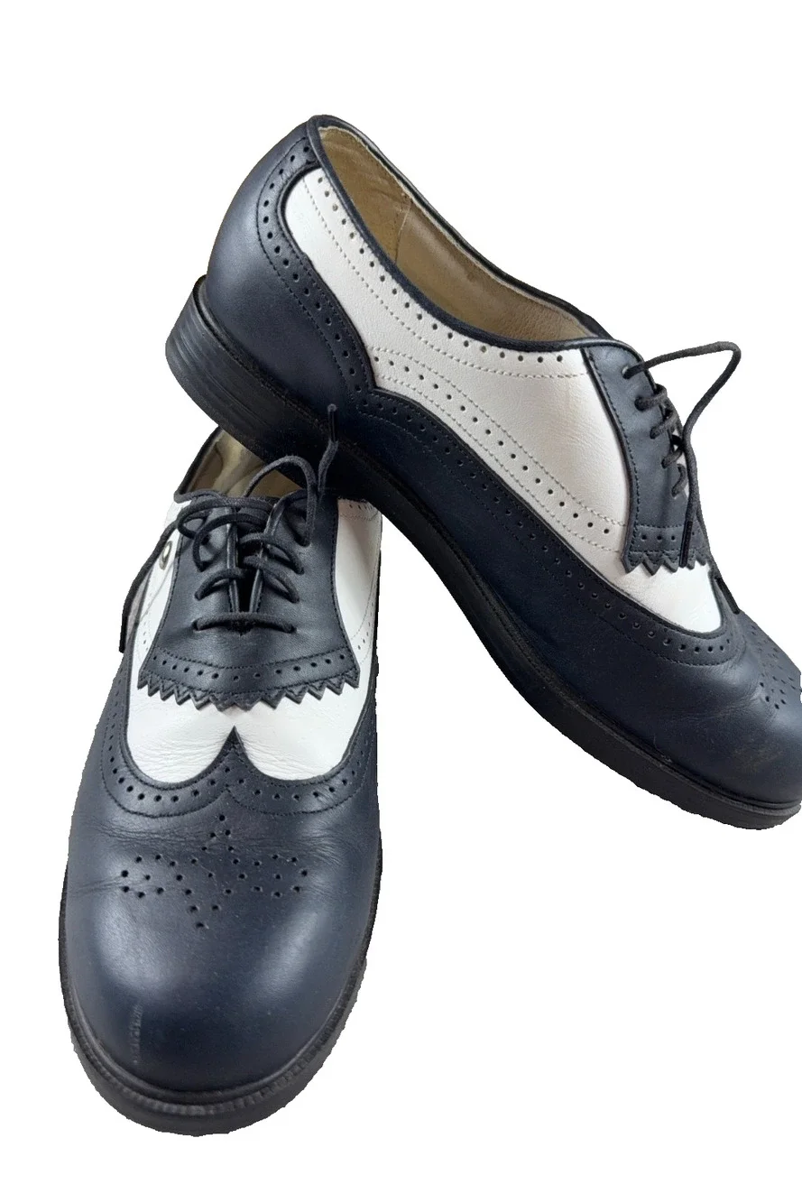 Vintage E-Z Step Golf Shoes 8.5 N Black White Leather Wingtip Made USA Brogue